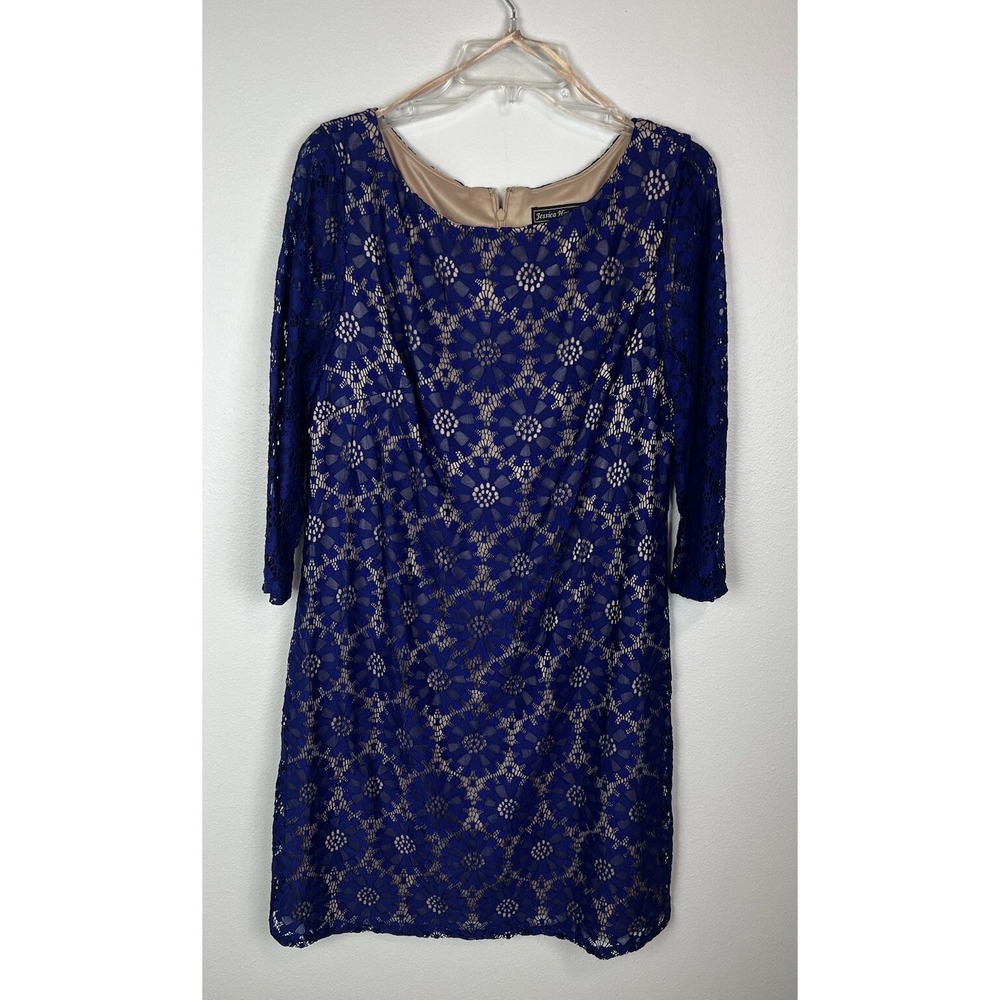 JESSICA HOWARD Sheath Dress Large Blue Lace 3/4‎ Sleeve Wedding Guest Cocktail